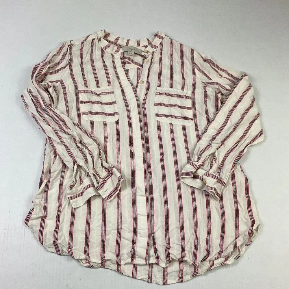 LOFT Womens Petites PS Striped Button Down Shirt Pockets Long Sleeve Boho Chic